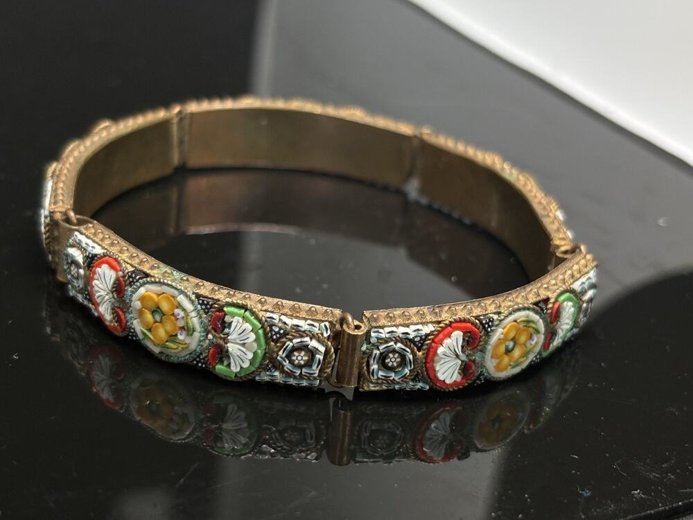 Vintage Italian micro mosaic bracelet colorful floral daisy micromosaic 7.6”